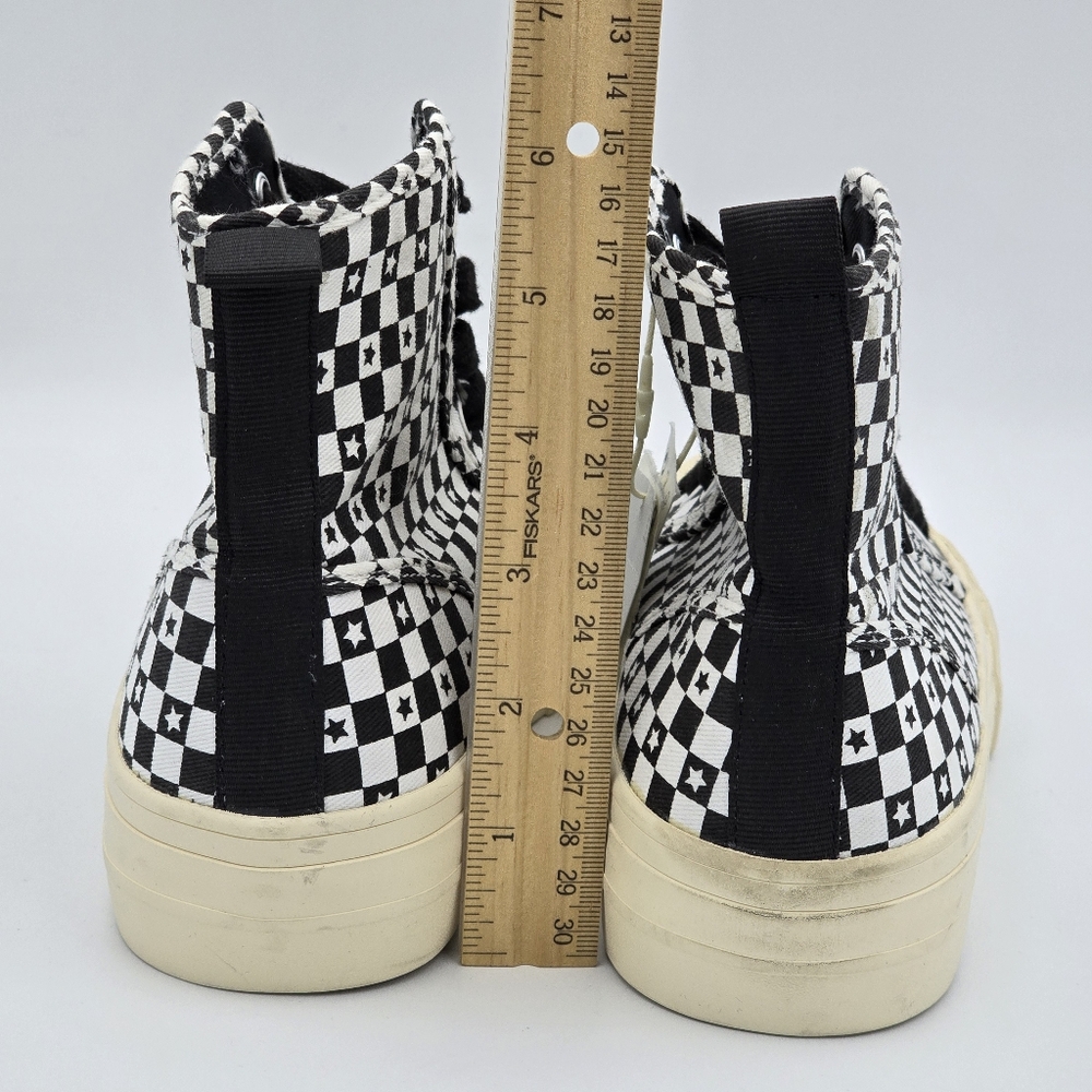Zara Lace-Up High-Top Canvas Sneakers, Black/White Checkered pattern with stars - Picture 8 of 15